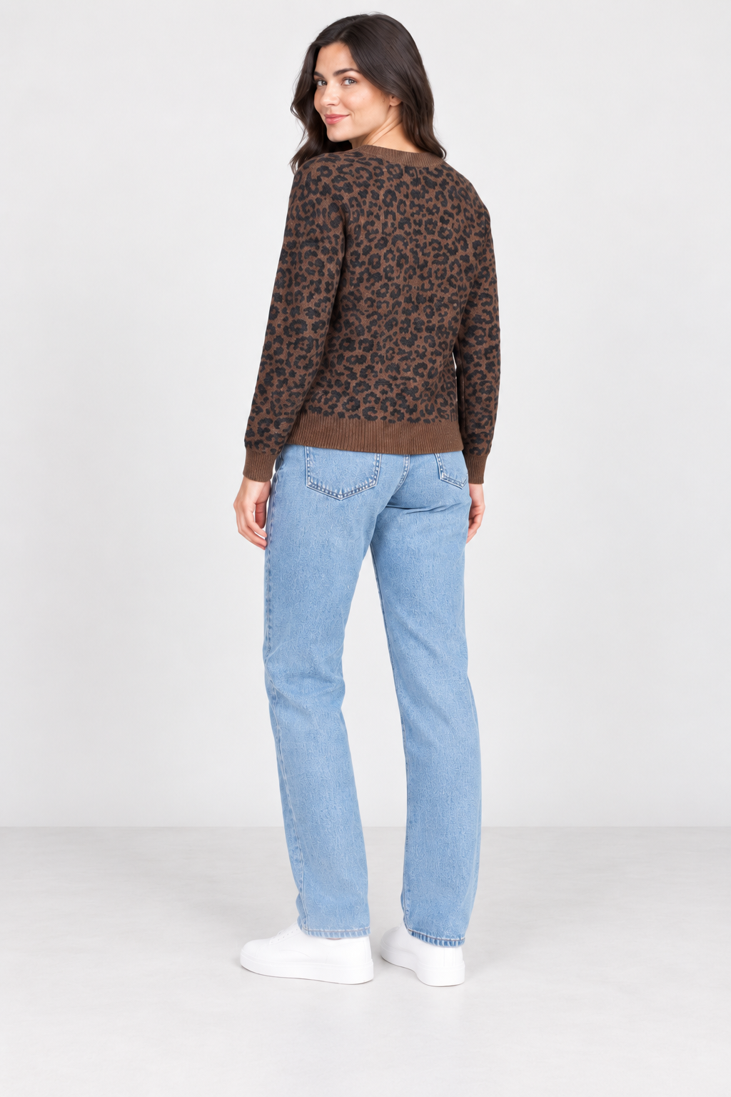 Women’s Coffee Knitted Wool Animal Print Sweater – Regular Fit Crew Neck