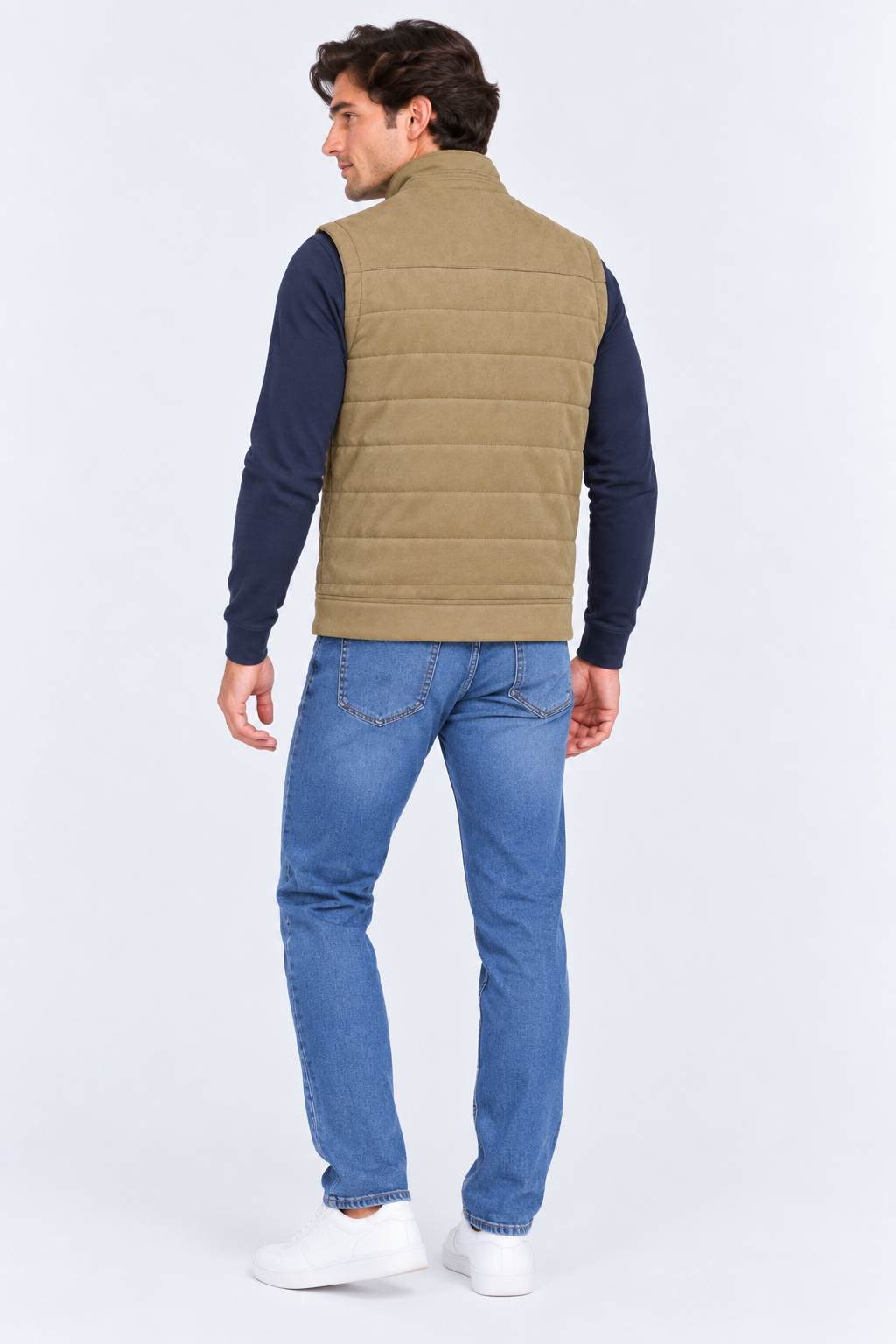 Men’s Khaki Quilted Knitted Suede Puffer Gilet – Regular Fit Full Zip Sleeveless Jacket