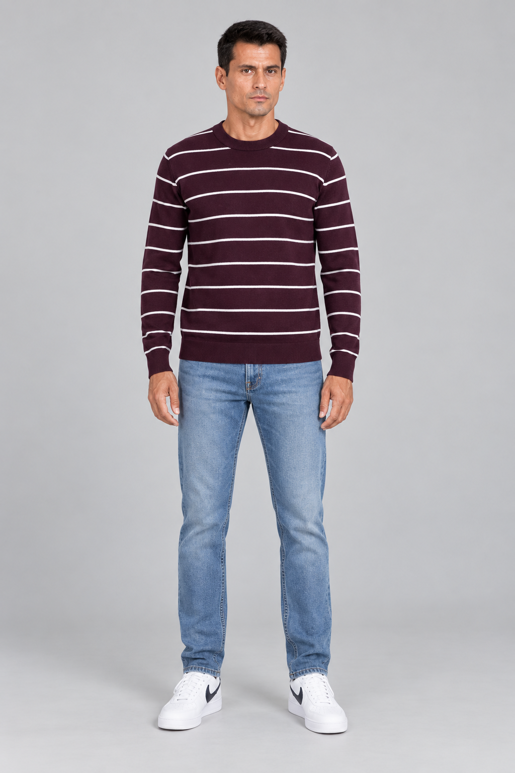 Men’s Dark Wine Cotton Striped Sweater – Regular Fit Crew Neck Full Sleeve Knitted Pullover