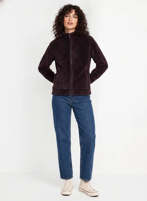 Women’s Wine Coral Fur Full-Zip Sweatshirt with Standing Collar and Side Pockets