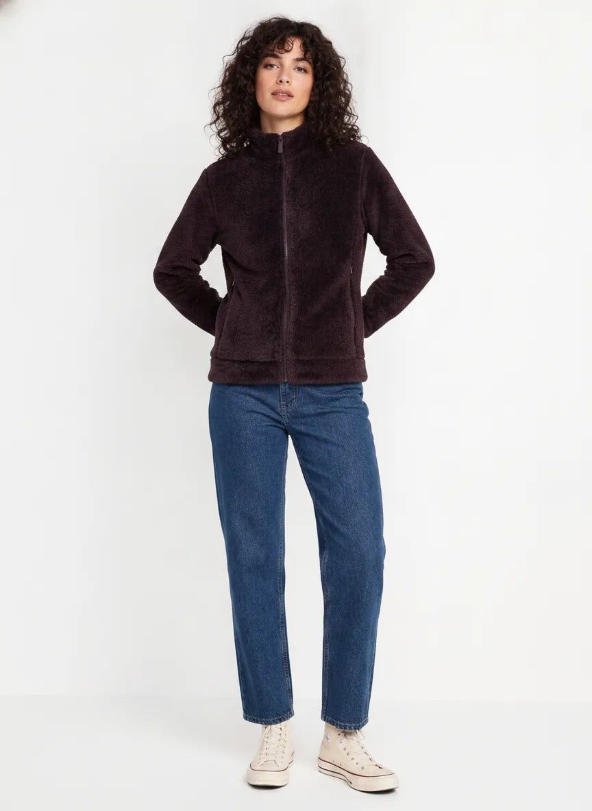 Women’s Wine Coral Fur Full-Zip Sweatshirt with Standing Collar and Side Pockets