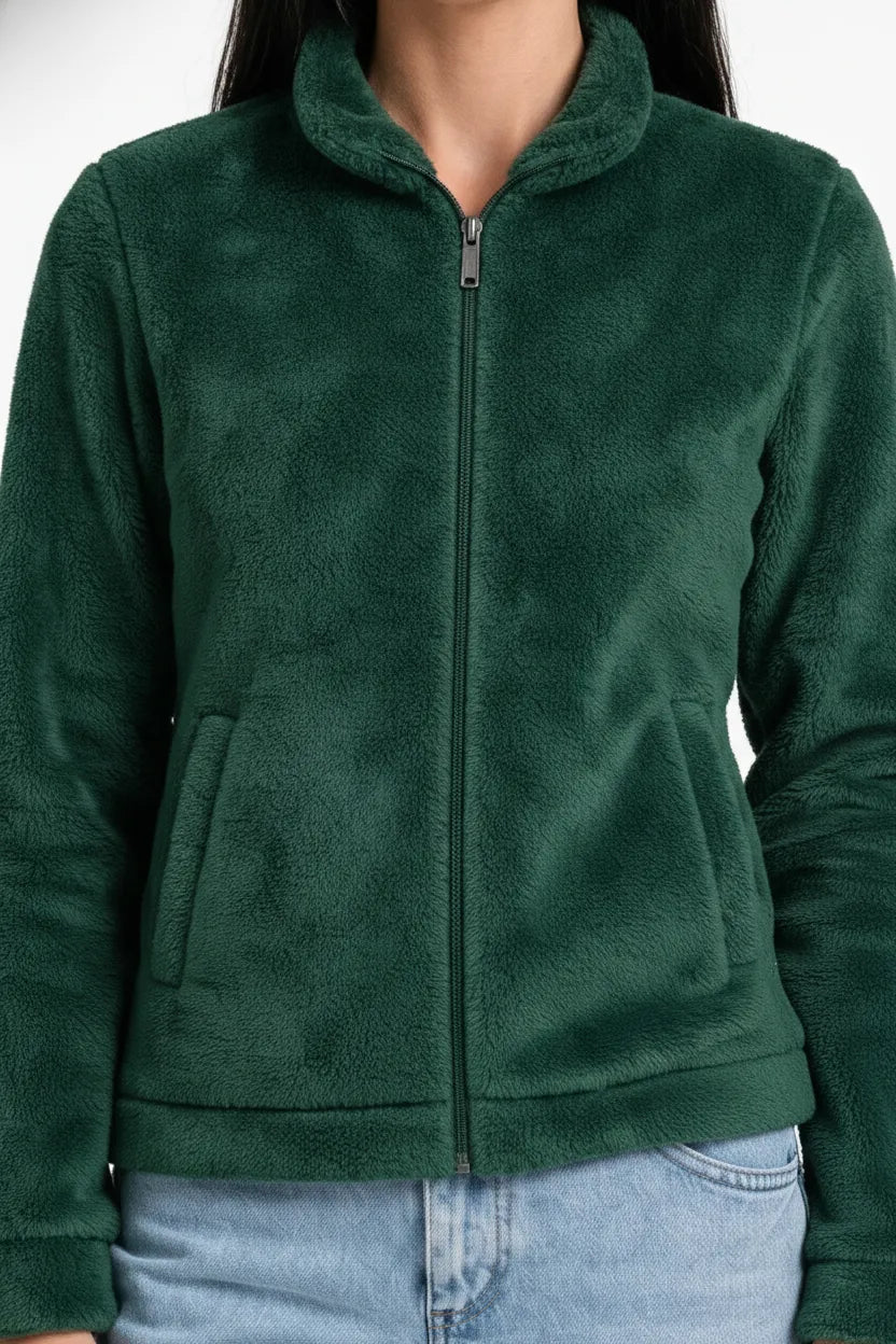 Women Hunter Green Double Sided Coral Fur Full Zip | Soft Winter Sweatshirt