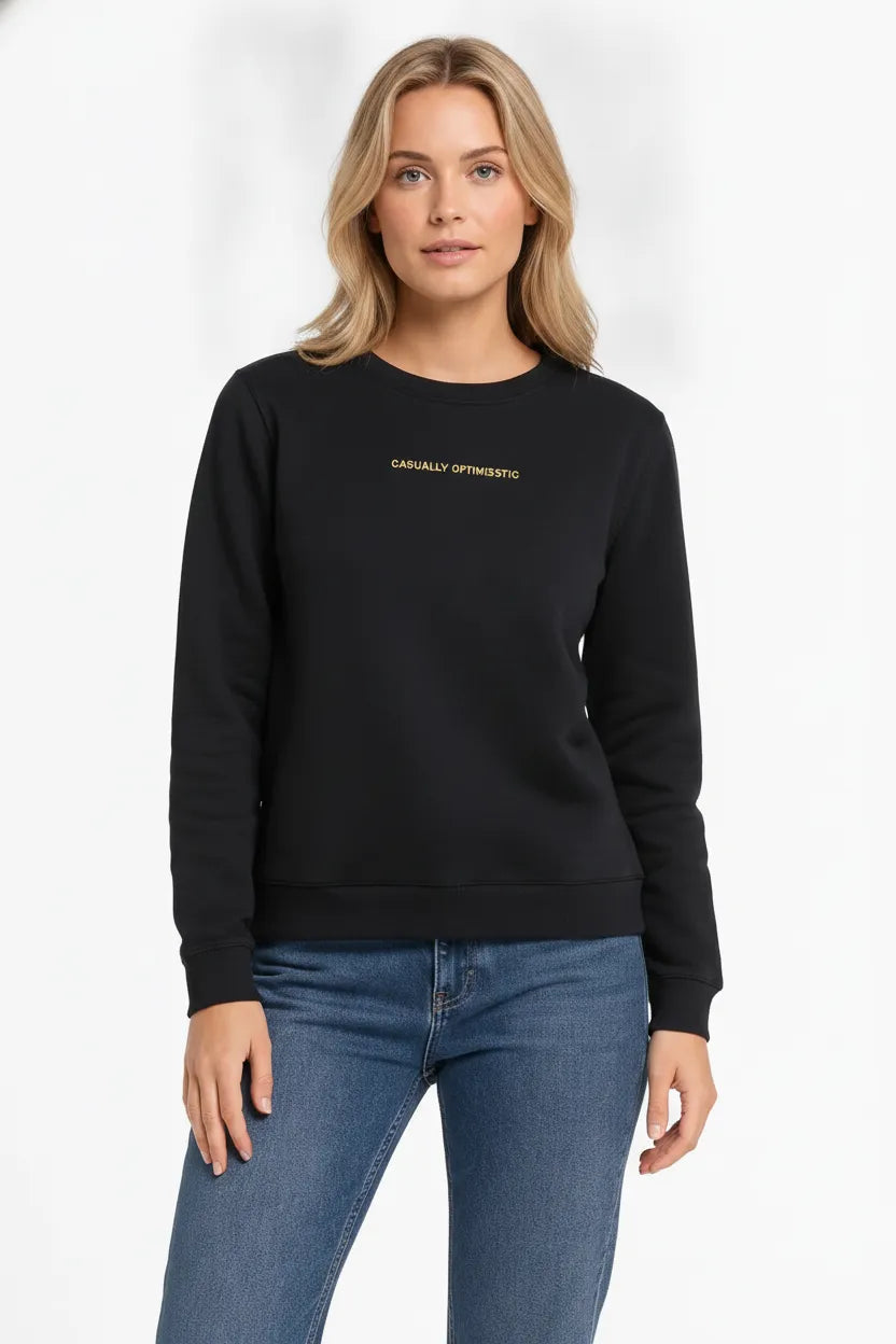 Women Black Cotton Fleece | Round Neck Full Sleeves Casual Winter Sweatshirt