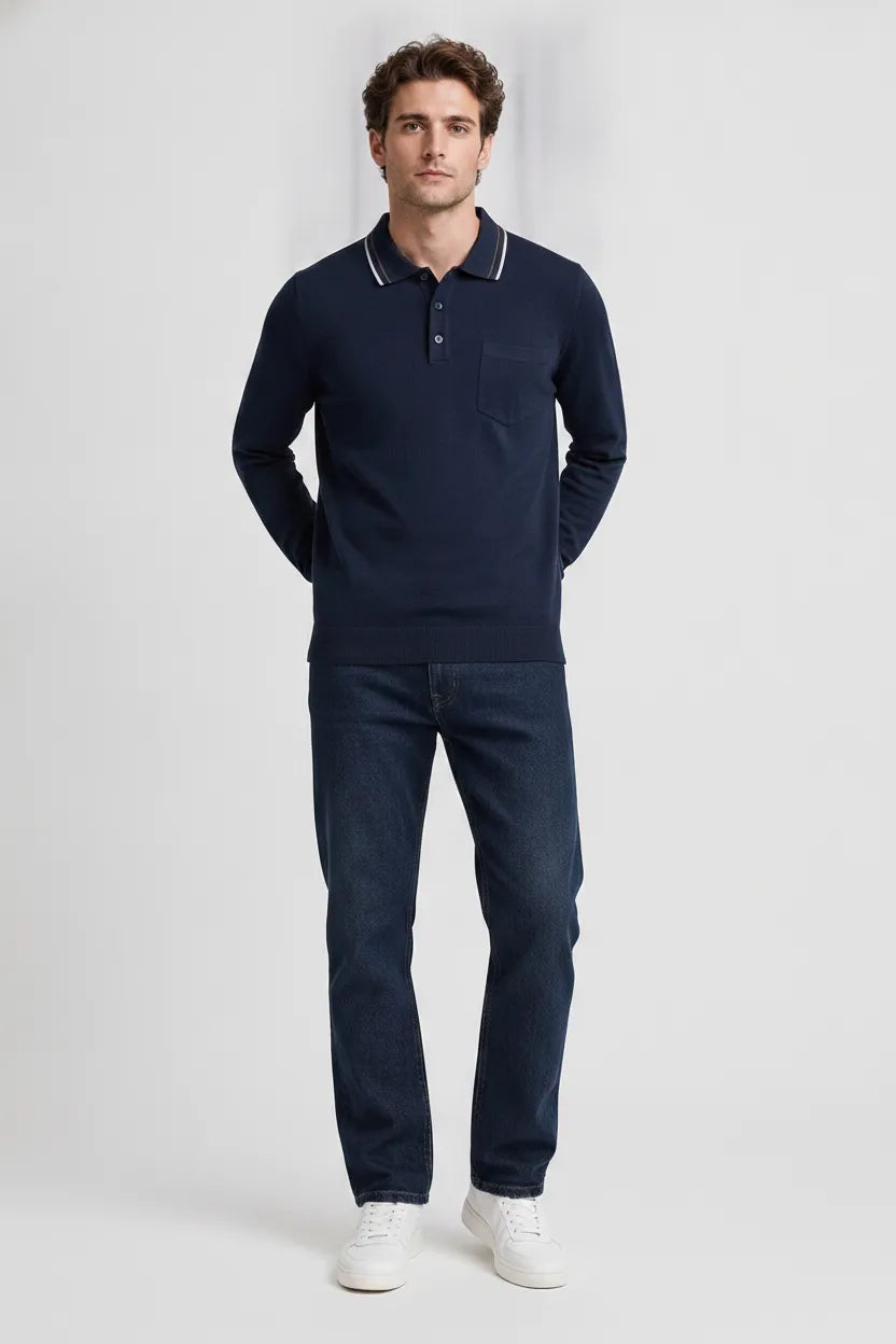 Men's Navy Full Sleeve Cotton Waffle Knit Polo T-Shirt | Textured