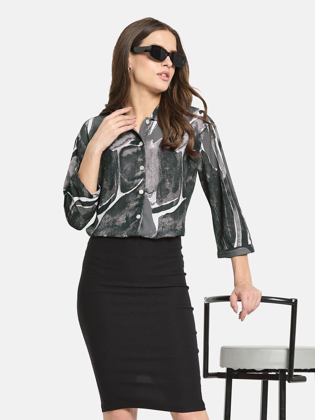 METTLE ss25 Women Charcoal Abstract Printed Cuffed Sleeves Cotton Shirt Style Top