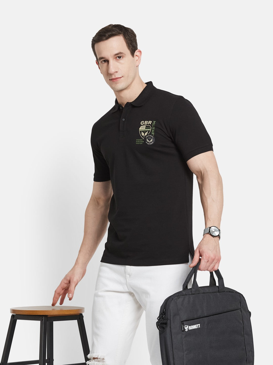 SOLID POLO NECK PIQUE MILLITARY APPLIQUED T-SHIRT