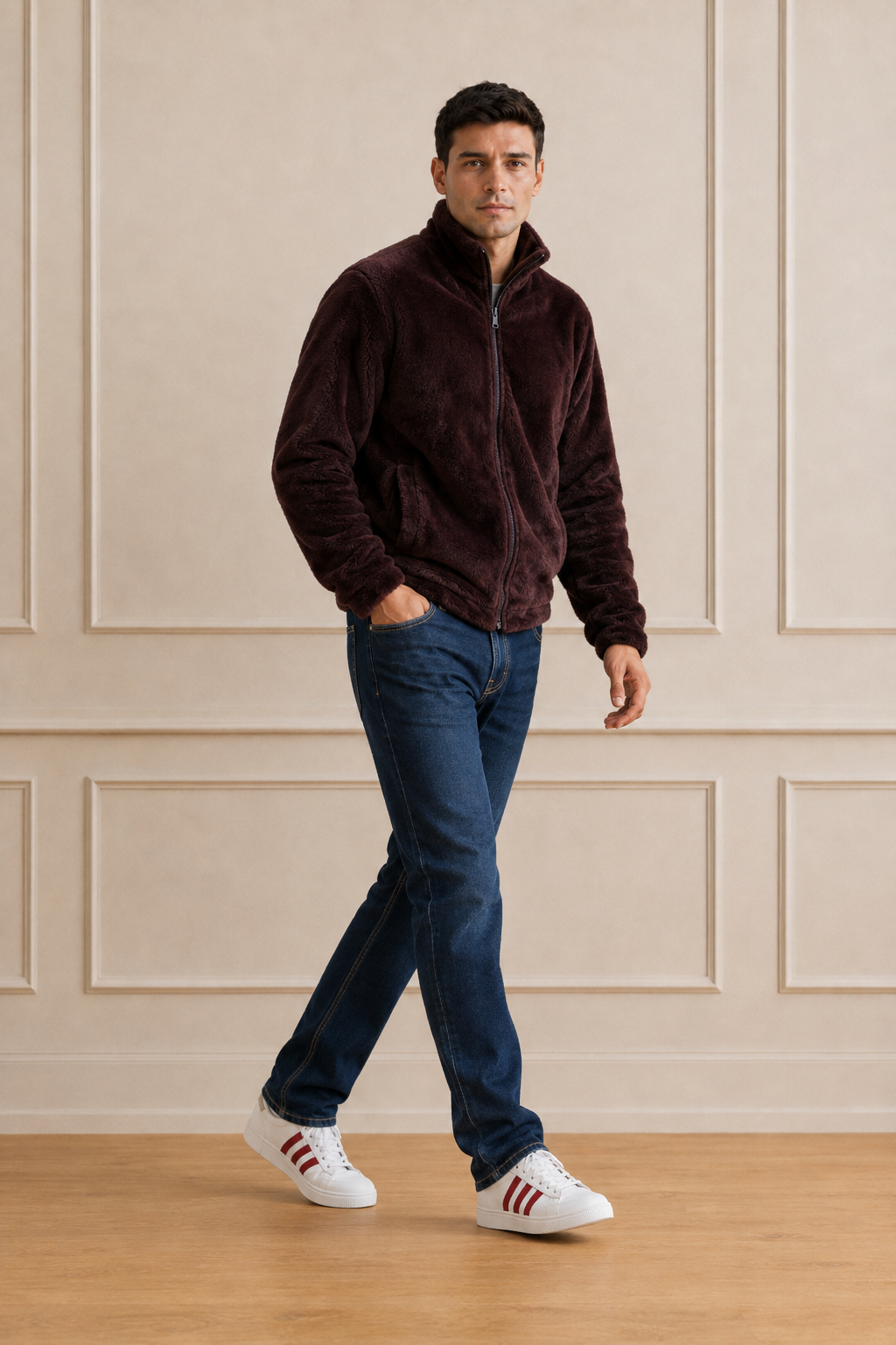 Men’s Espresso Fur Full-Zip Winter Sweatshirt | Stand Collar