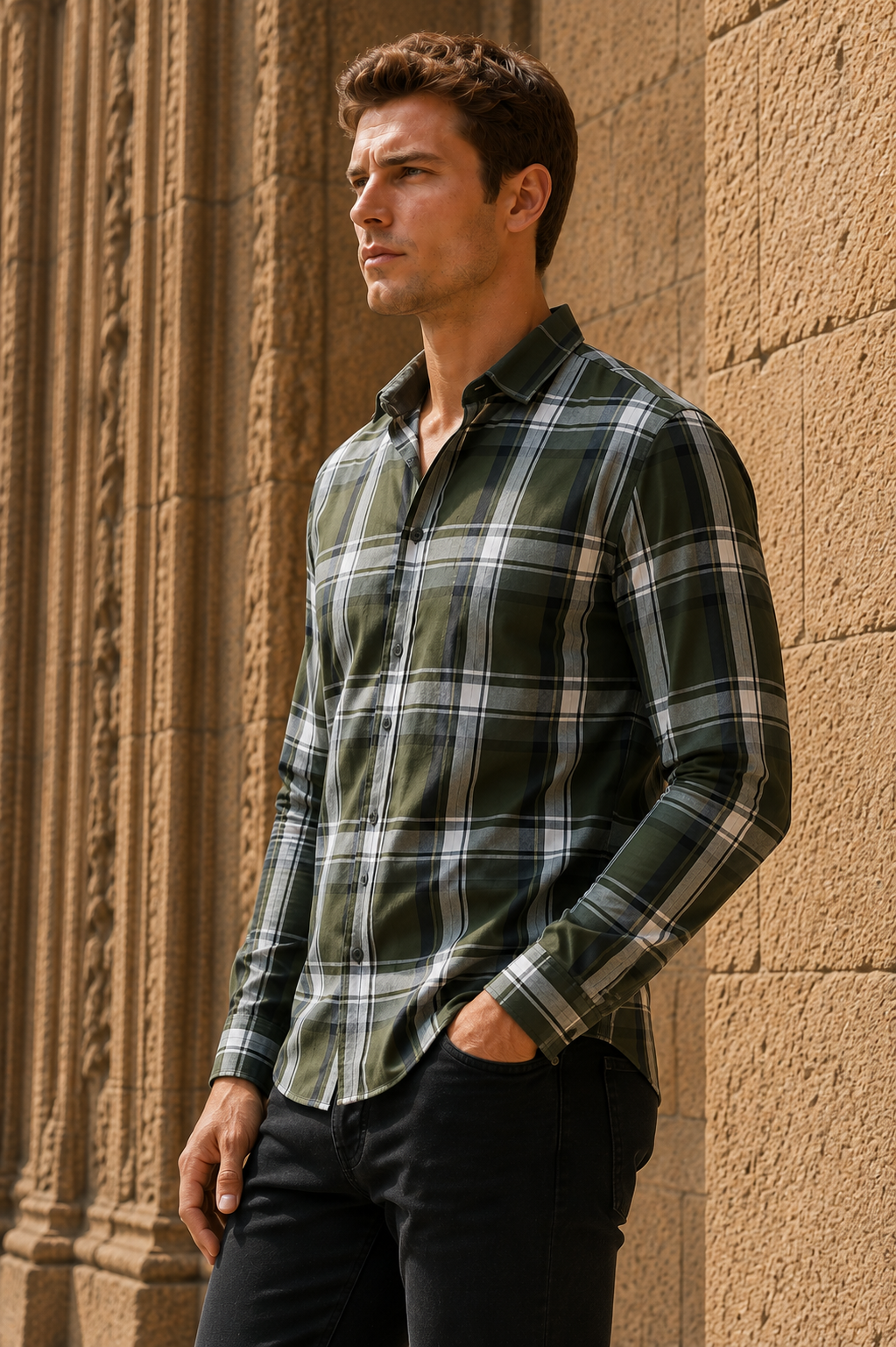 Men’s Olive Check Cotton Tencel Shirt