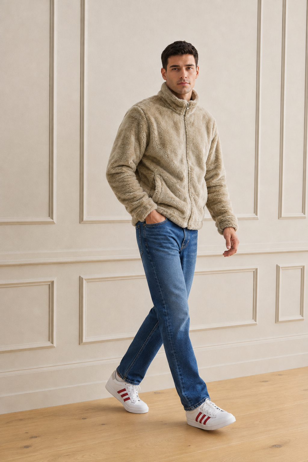 Men’s Sand Fur Full-Zip Winter Sweatshirt | Stand Collar