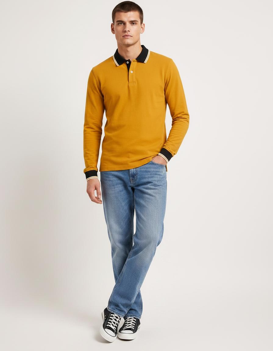 Men’s Mustard Full Sleeve Polo T-Shirt – Cotton Blend Lycra Stretch  | Contrast Collar