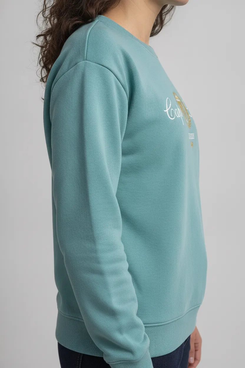 Women Light Teal Cotton Blended Suede Crew Neck | Full Sleeves Winter Sweatshirt