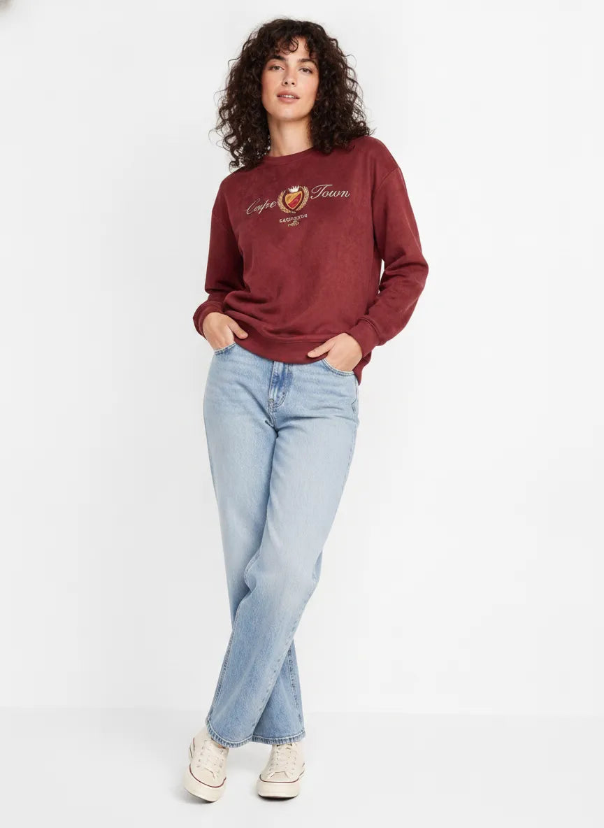Women’s Wine Knitted Suede Round-Neck Sweatshirt with Cape Town Chest Graphic