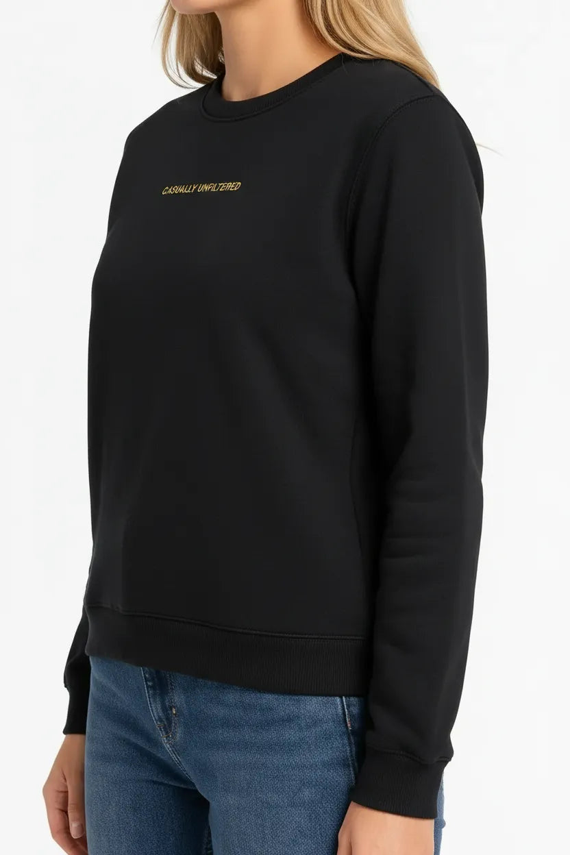 Women Black Cotton Fleece | Round Neck Full Sleeves Casual Winter Sweatshirt