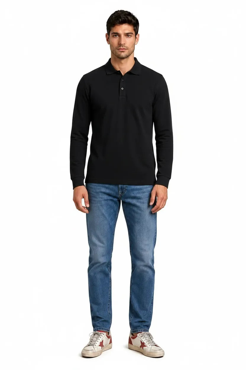 Men’s Black Pique Lycra Polo Neck Full-Sleeve Winter T-Shirt