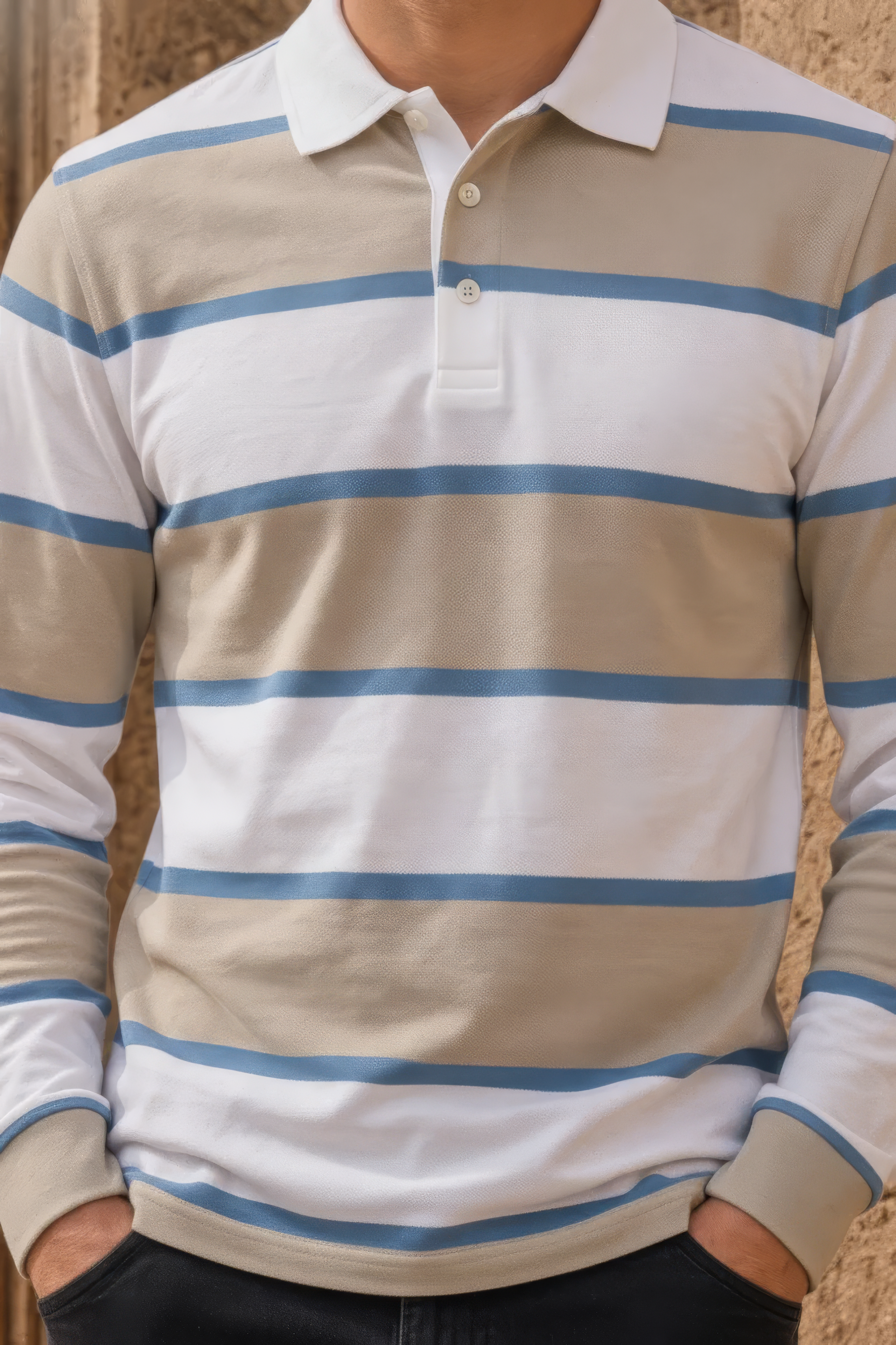 Men’s Stone Rugby Stripe Full Sleeve Polo T-Shirt | Cotton Blended Seersucker Fabric