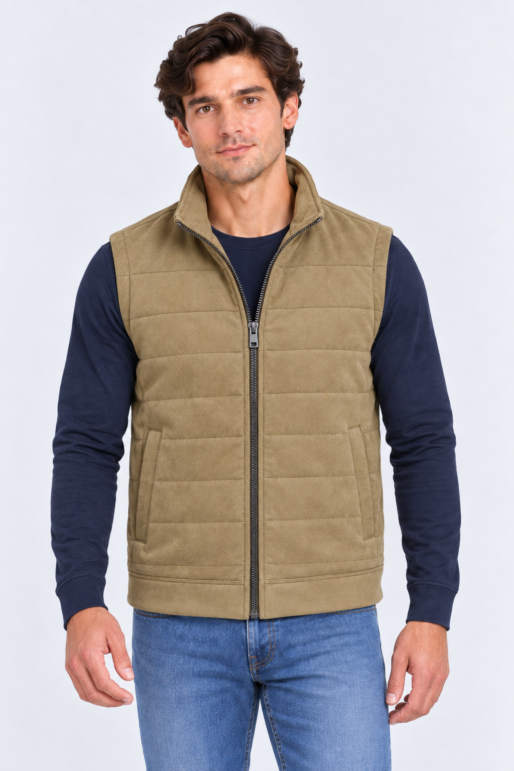 Men’s Khaki Quilted Knitted Suede Puffer Gilet – Regular Fit Full Zip Sleeveless Jacket