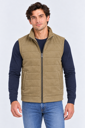 Men’s Khaki Quilted Knitted Suede Puffer Gilet – Regular Fit Full Zip Sleeveless Jacket