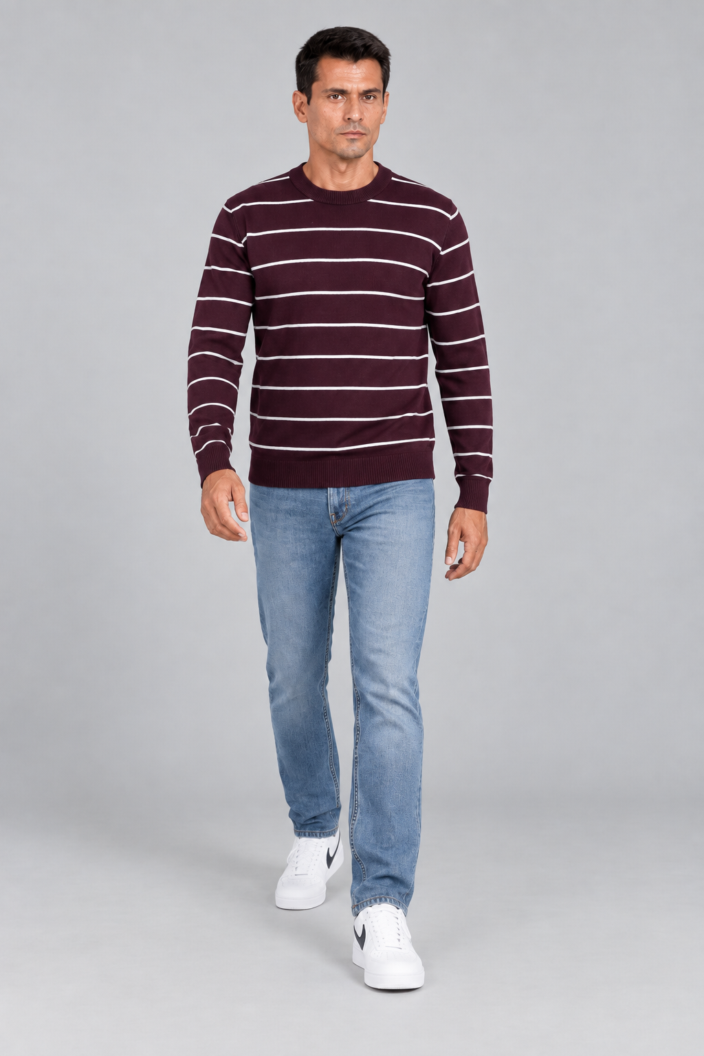 Men’s Dark Wine Cotton Striped Sweater – Regular Fit Crew Neck Full Sleeve Knitted Pullover