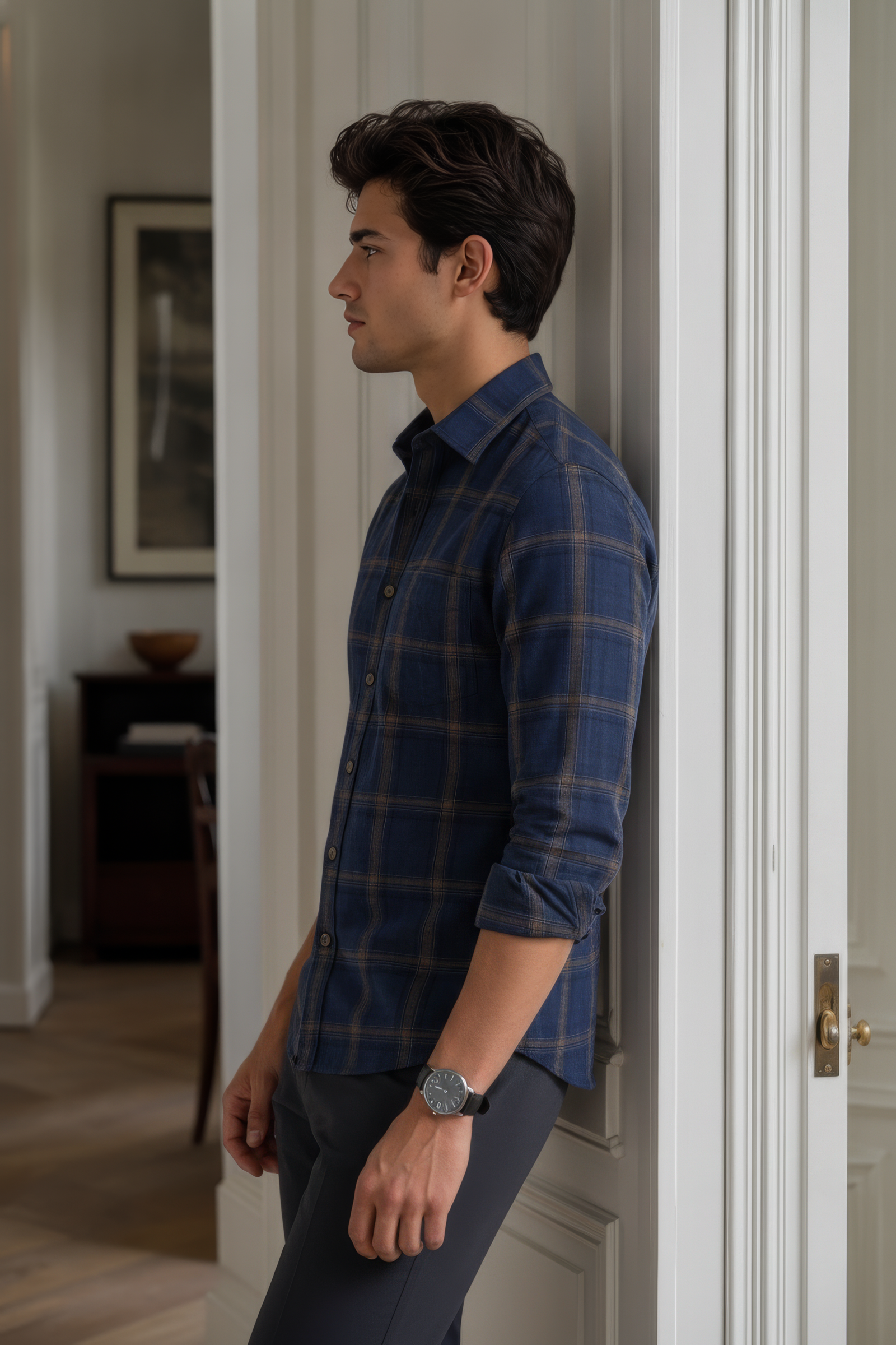 Men’s Navy Check Corduroy Cotton Full-Sleeve Shirt