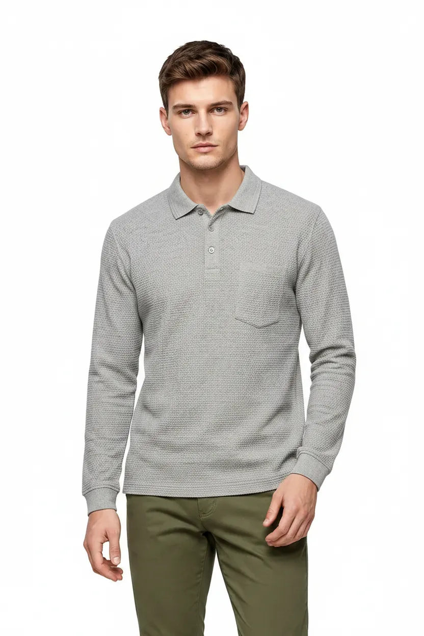 Men's Espresso Brown Structured Cotton Full Sleeve Polo T-Shirt | Waffle Textured Pre-Winter