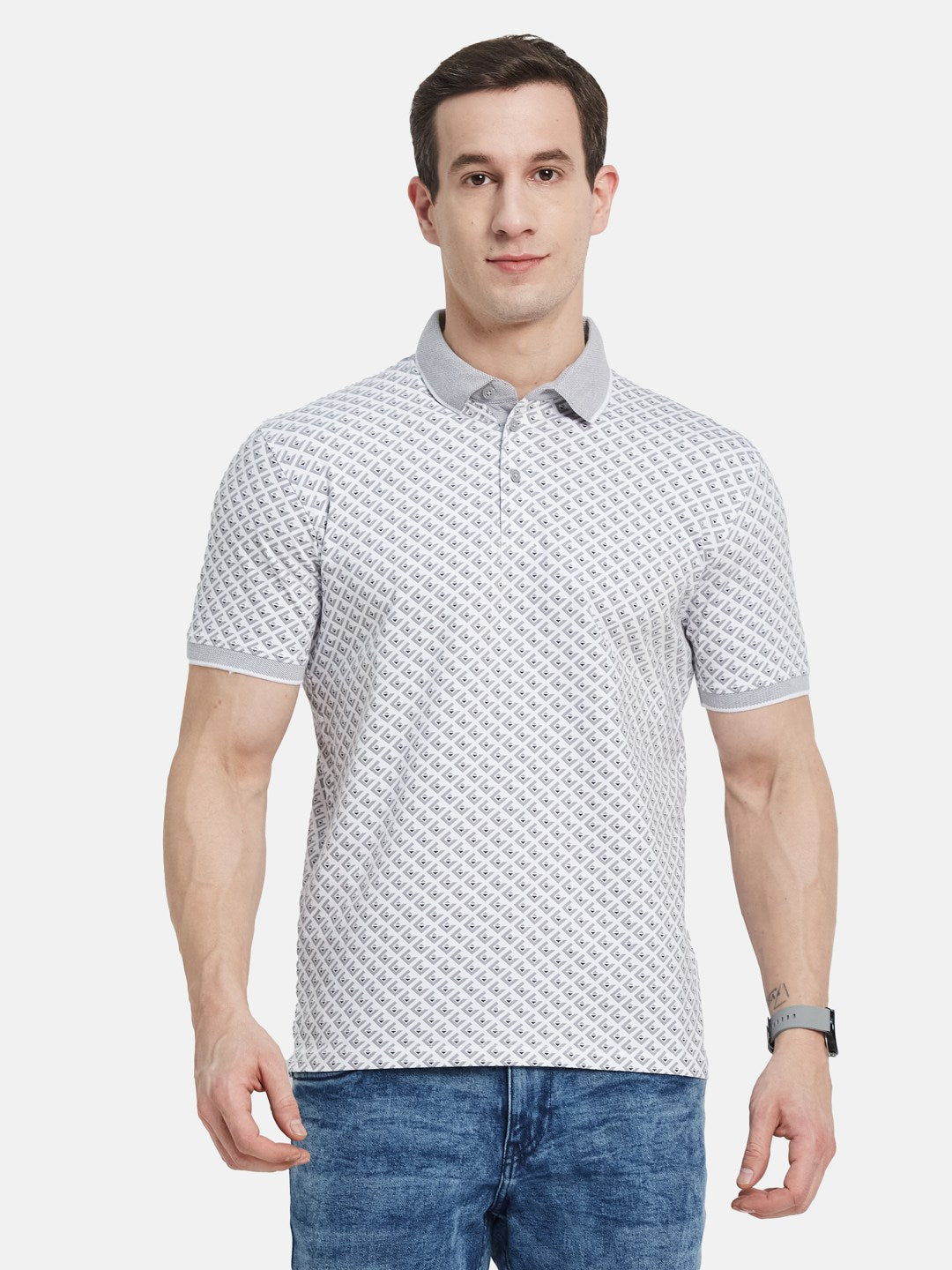 AOP MOTIF PRINT  POLO NECK SINGLE JERSEY KNIT LYCRA T-SHIRT