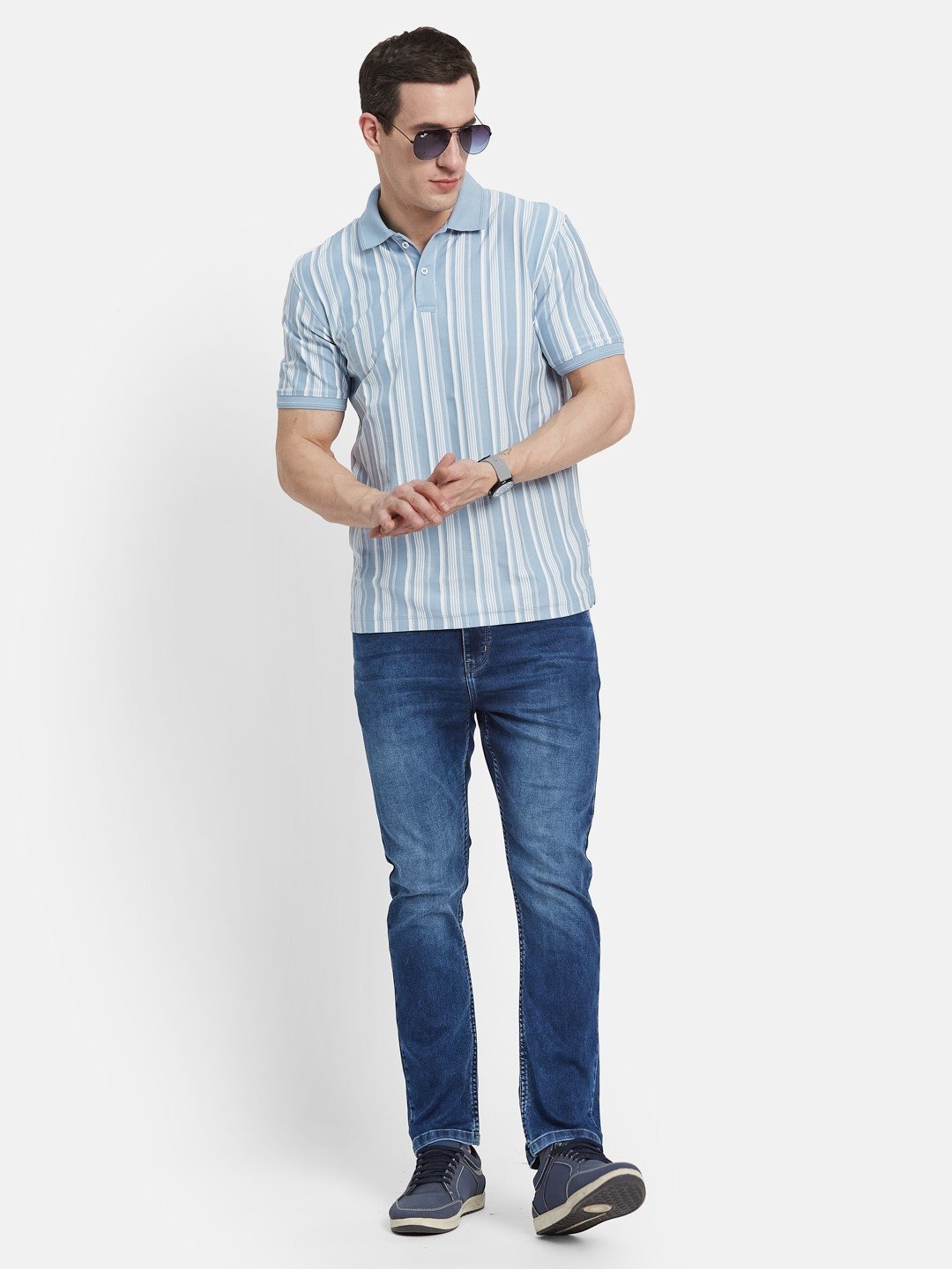Men Oxford Blue VERTICAL STRIPE POLO NECK T-SHIRT