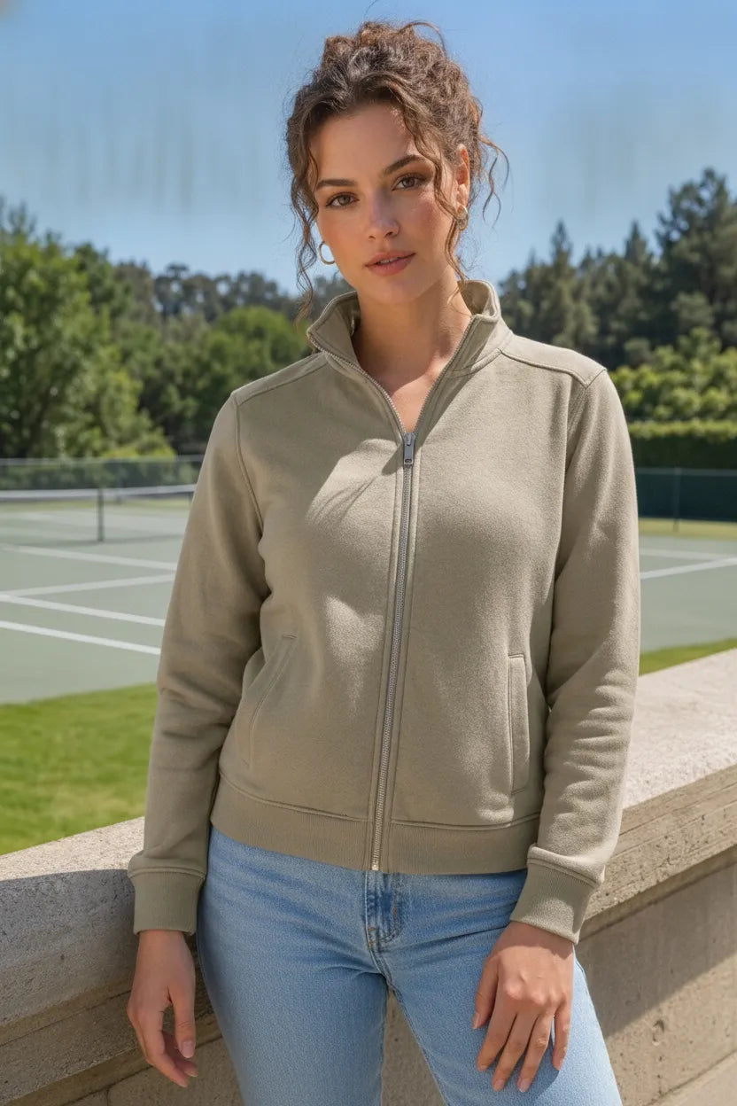 Women Natural Milange Cotton Blended German Velvet Full Zip | Standing Collar Winter Sweatshirt