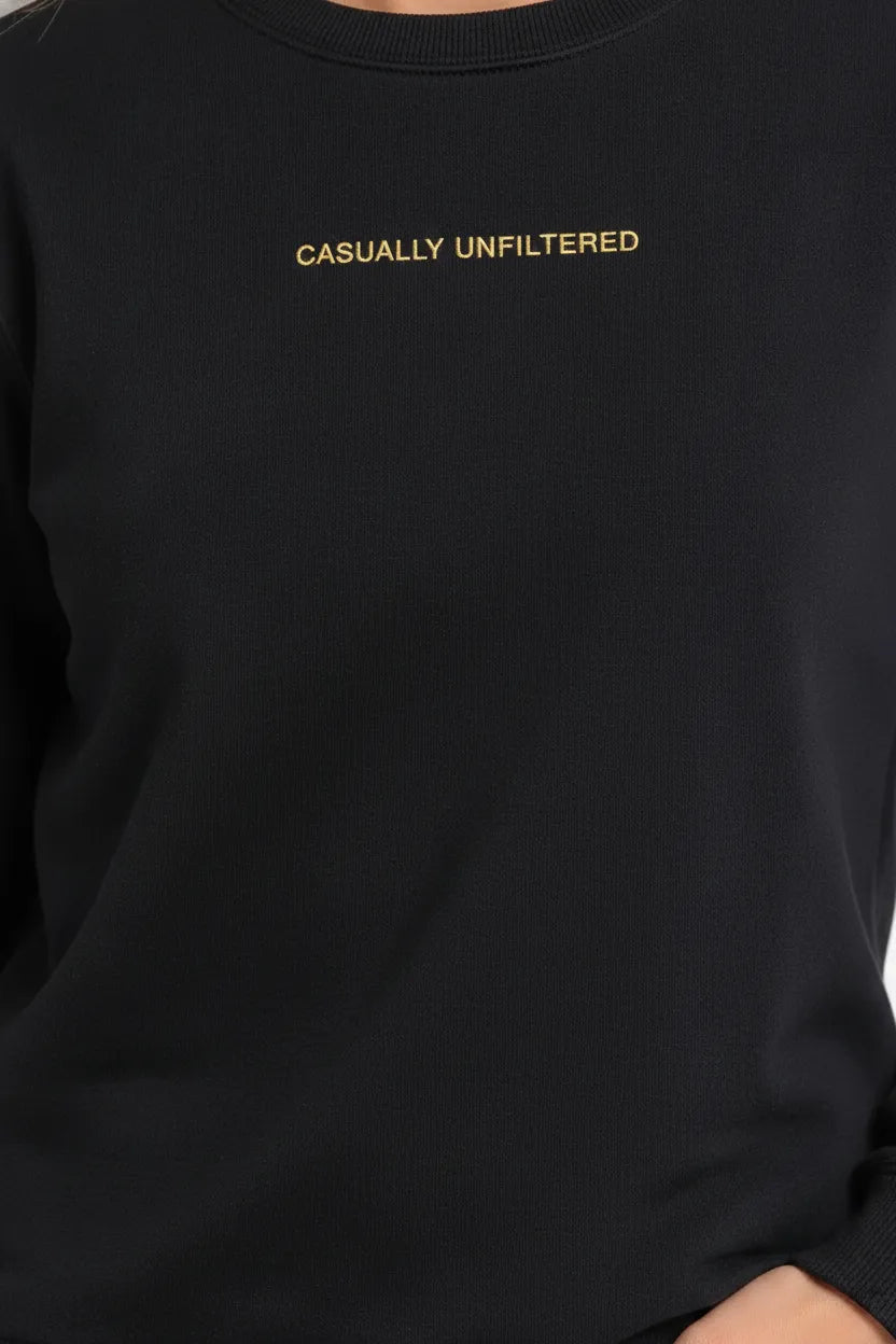 Women Black Cotton Fleece | Round Neck Full Sleeves Casual Winter Sweatshirt