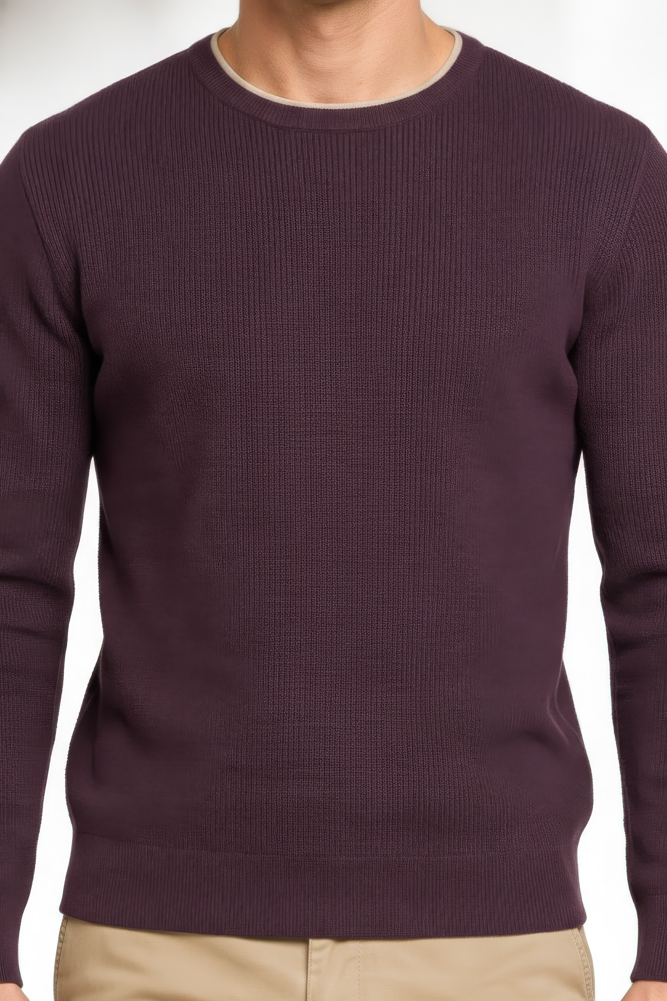 Men’s Wine Structured Cotton Round-Neck Full-Sleeve Winter Top