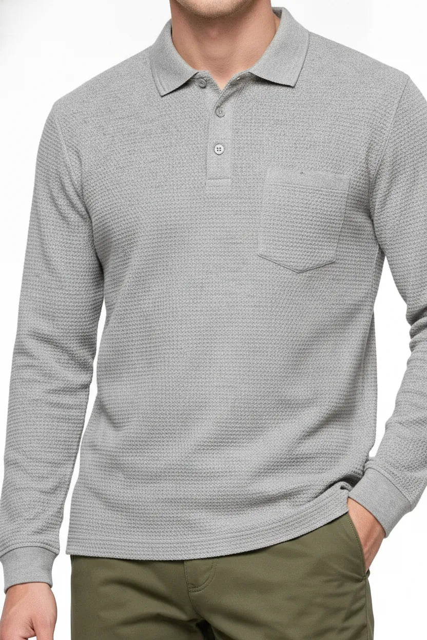 Men's Espresso Brown Structured Cotton Full Sleeve Polo T-Shirt | Waffle Textured Pre-Winter