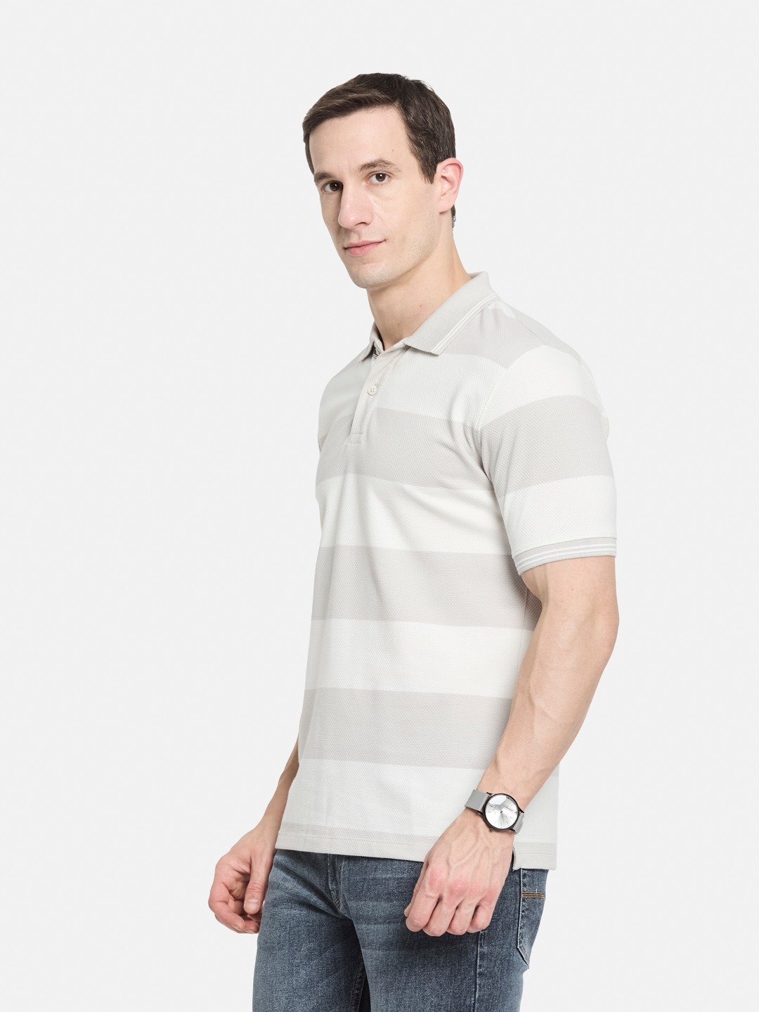 HORIZONTAL STRIPE POLO NECK POPCORN KNIT LYCRA  T-SHIRT