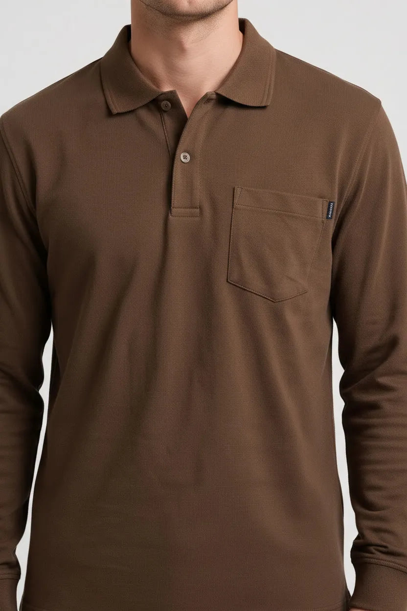 Men's Tan Full Sleeve Cotton Pique Polo T-Shirt | Premium Pre-Winter Casual Polo
