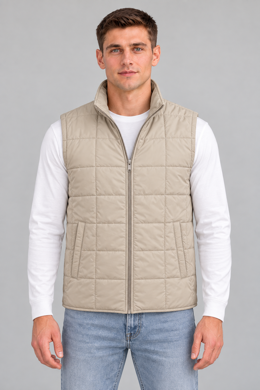 Men’s Beige Lightweight Reversible Woven Puffer Gilet – Regular Fit Sleeveless Jacket