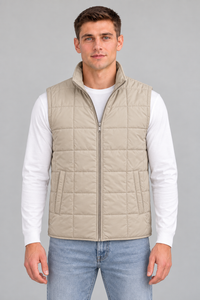 Men’s Beige Lightweight Reversible Woven Puffer Gilet – Regular Fit Sleeveless Jacket