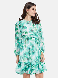 METTLE Women Floral Printed Round Neck Fit & Flare Mini Dress