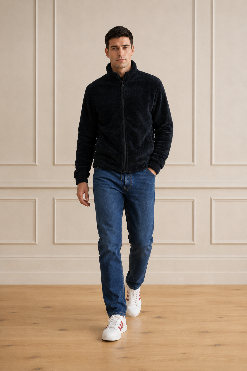 Men’s Black Fur Full-Zip Winter Sweatshirt | Stand Collar