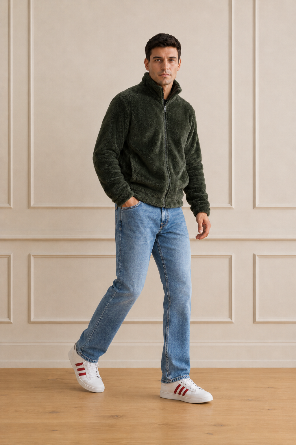 Men’s Olive Fur Full-Zip Winter Sweatshirt | Stand Collar