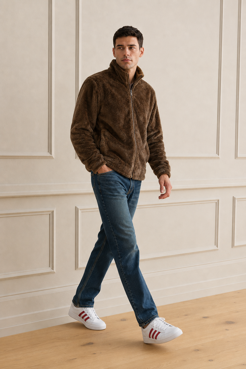 Men’s Tan Fur Full-Zip Winter Sweatshirt | Stand Collar