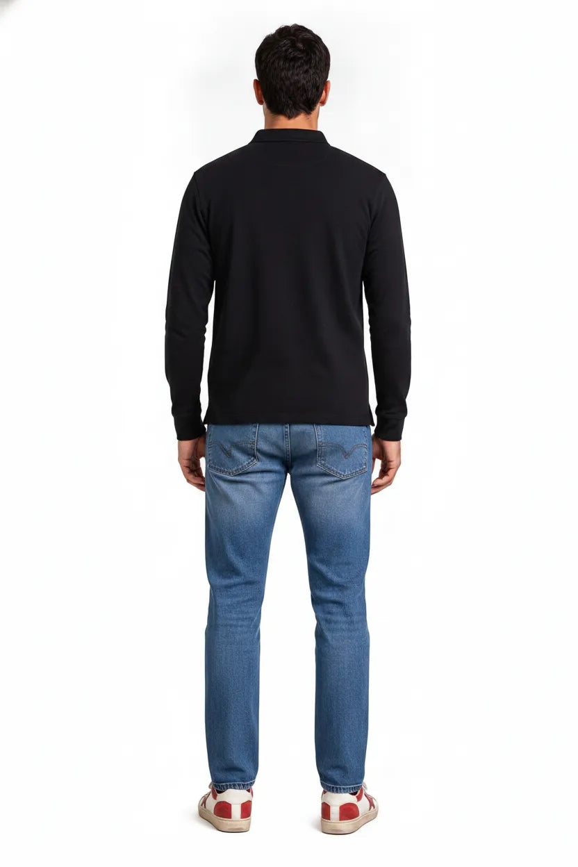 Men's Black Green Full Sleeve Cotton Pique Polo T-Shirt | Premium Pre-Winter Casual Polo