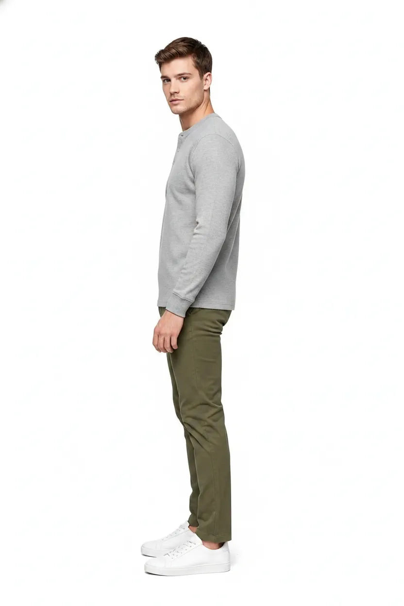 Men’s Linen Melange Seersucker Henley Collar Full-Sleeve Winter T-Shirt
