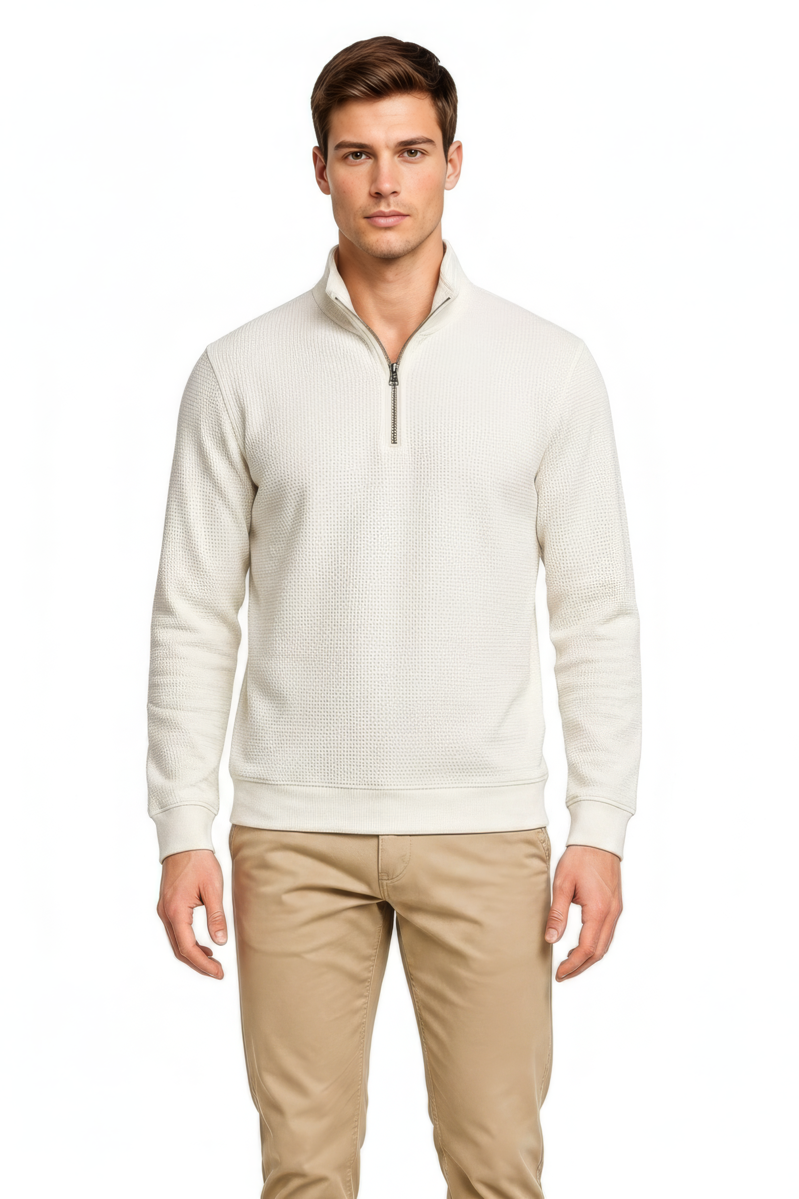 Men’s Off-White Half-Zip Sweatshirt in Brushed Seersucker Fabric