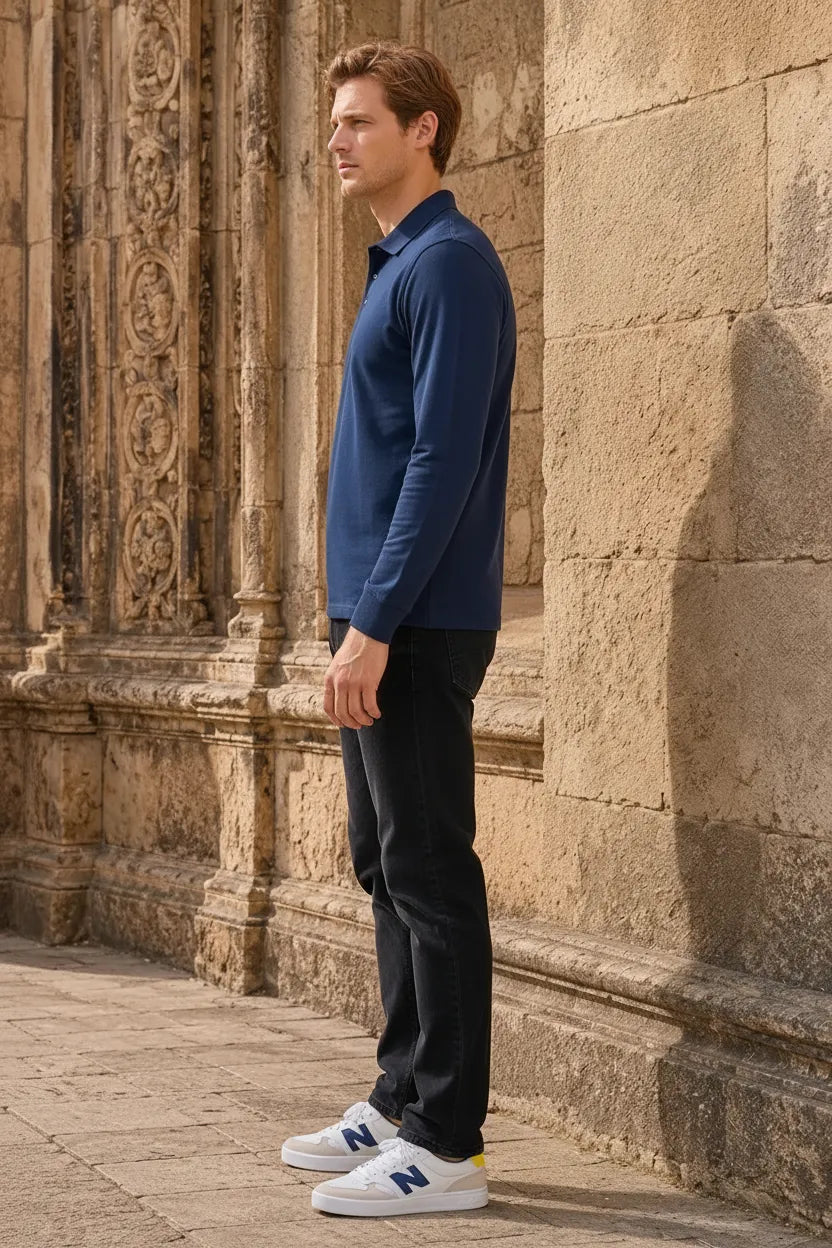 Men’s Navy Pique Lycra Polo Neck Full-Sleeve Winter T-Shirt
