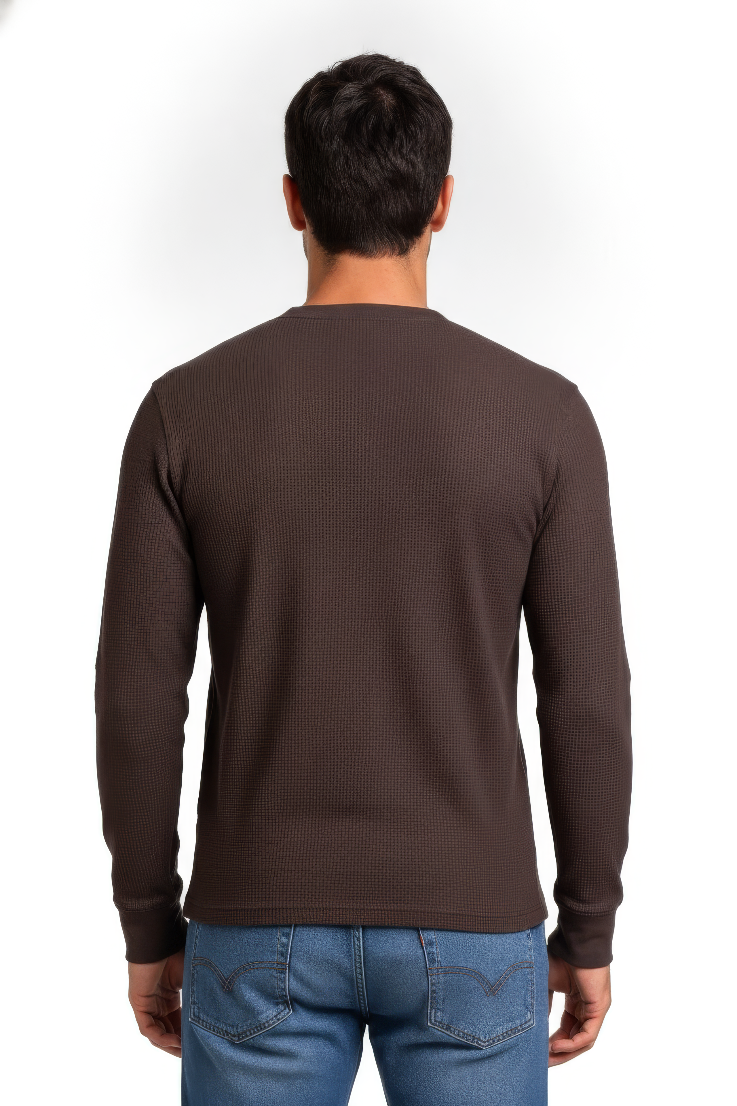 Men’s Coffee Cotton Blended Seersucker Full Sleeve Mandarin Collar T-Shirt