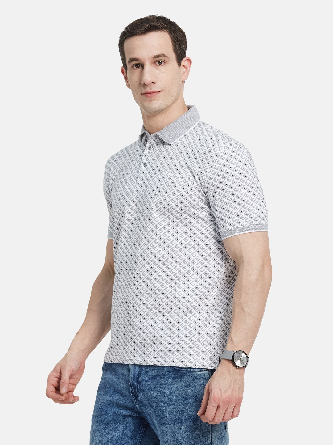 AOP MOTIF PRINT  POLO NECK SINGLE JERSEY KNIT LYCRA T-SHIRT