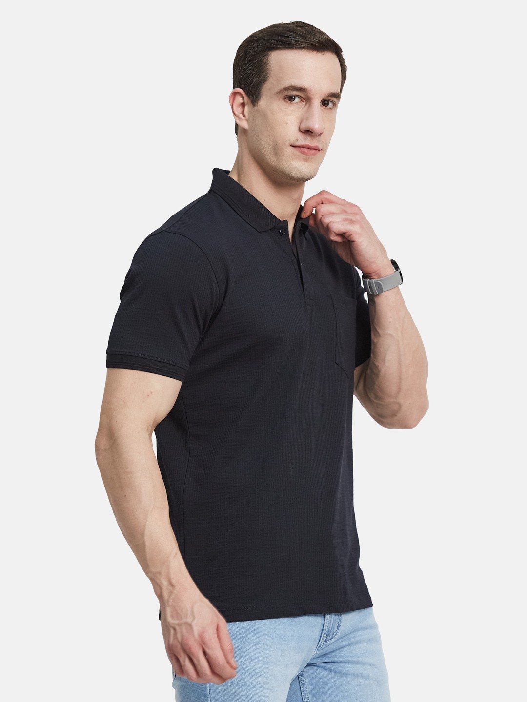 SOLID POLO NECK FRONT OPEN POCKET  SEER SUCKER T-SHIRT