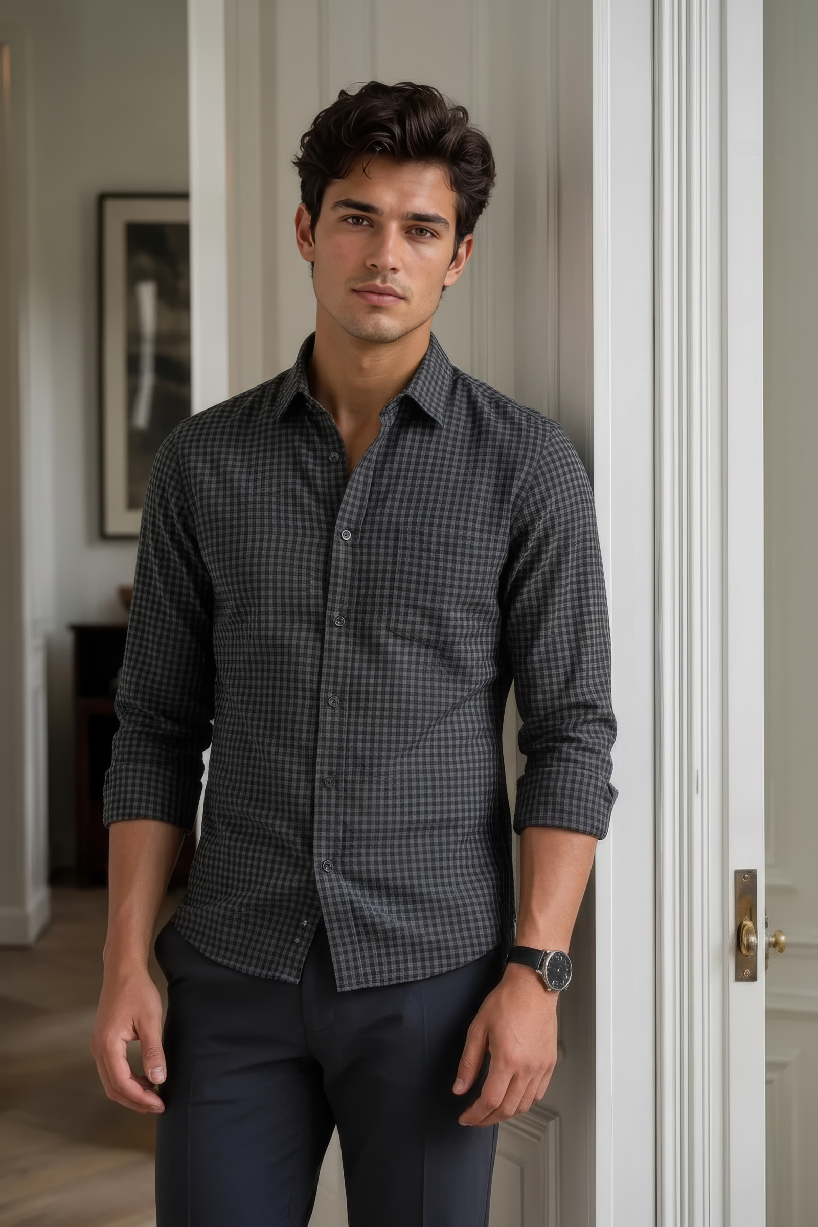 Men’s Black Full Sleeve Melange Cotton Twill Check Shirt