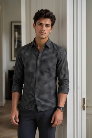 Men’s Black Full Sleeve Melange Cotton Twill Check Shirt