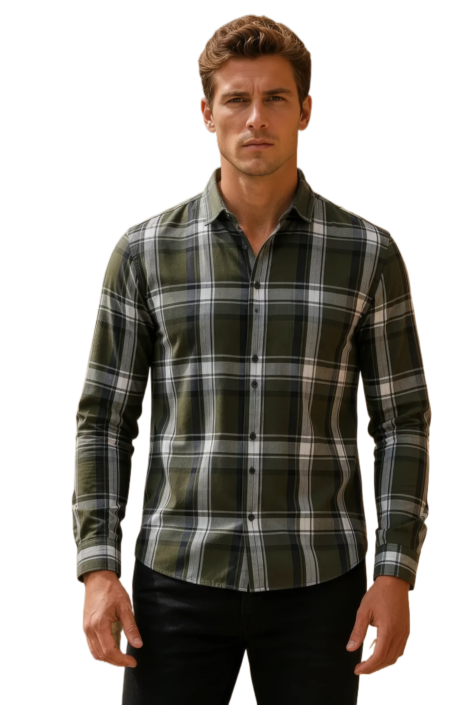 Men’s Olive Check Cotton Tencel Shirt