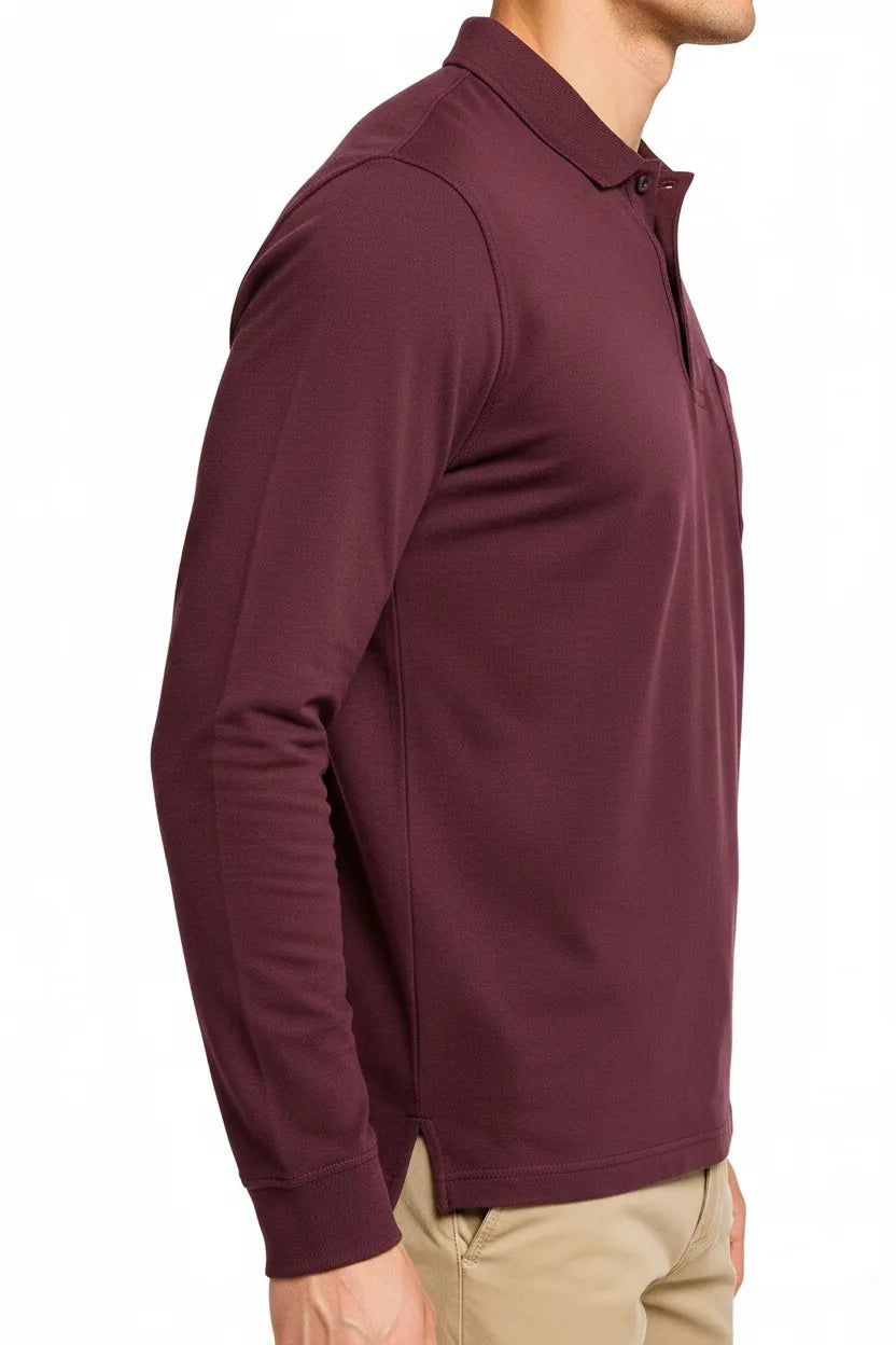 Men's Wine Full Sleeve Cotton Pique Polo T-Shirt | Premium Pre-Winter Casual Polo