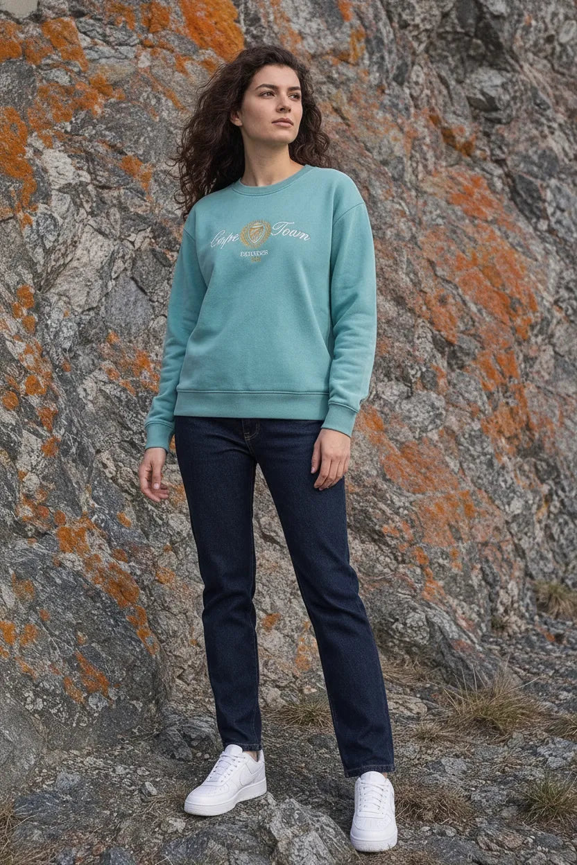 Women Light Teal Cotton Blended Suede Crew Neck | Full Sleeves Winter Sweatshirt